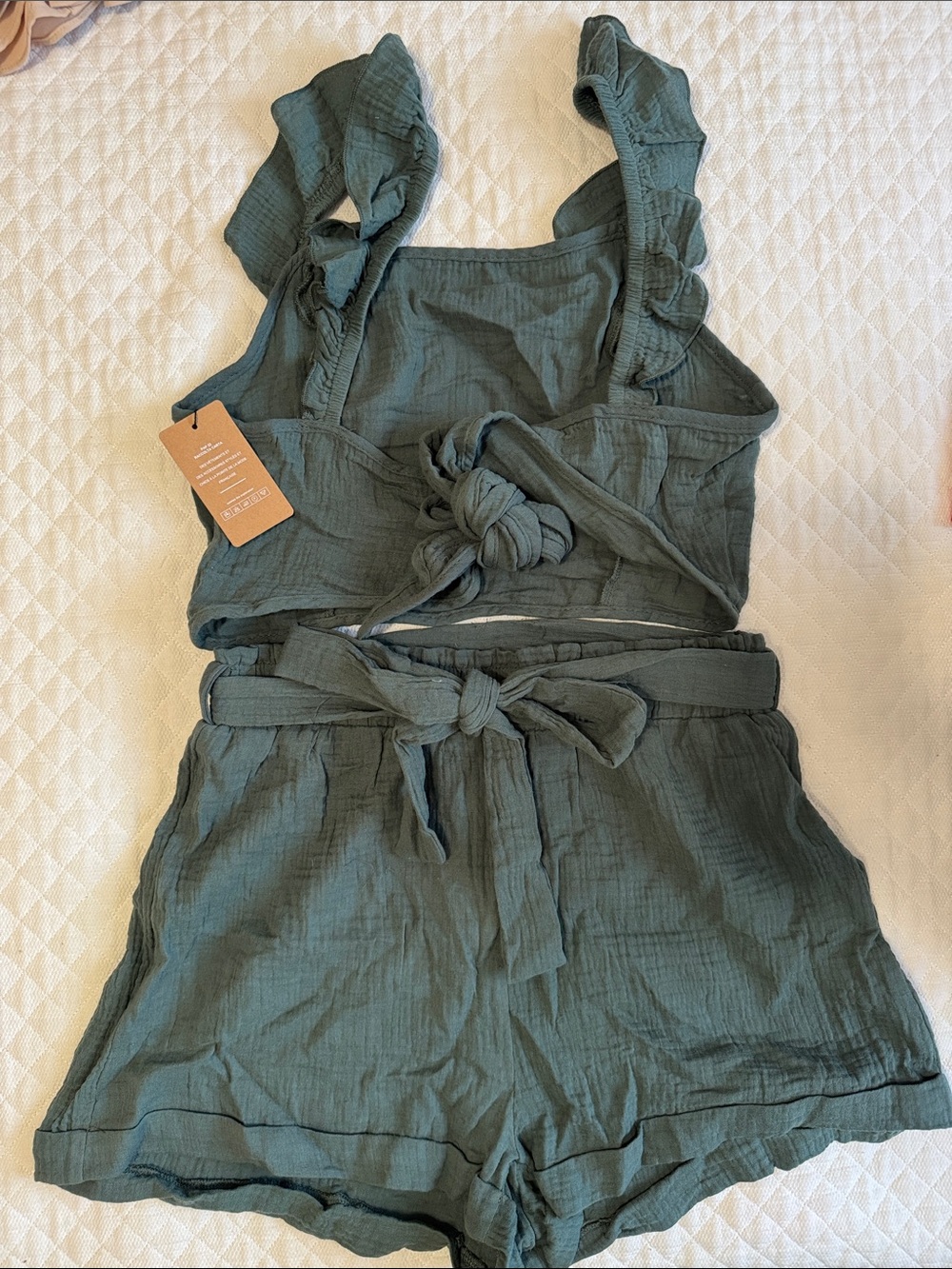 SHEIN Olive Green Tie-Front Crop Romper Set